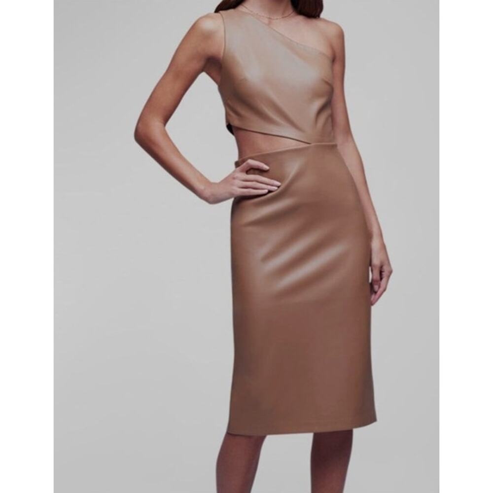 L’Agence Aliyah One Shoulder Faux Leather Cutout Midi Dress Brown Size 2